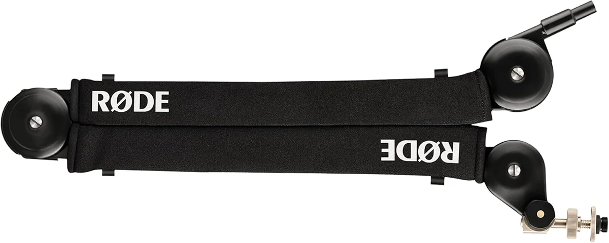 RØDE PSA1+ boom arm shown folded flat, highlighting the parallelogram neoprene arm design and cable exit port