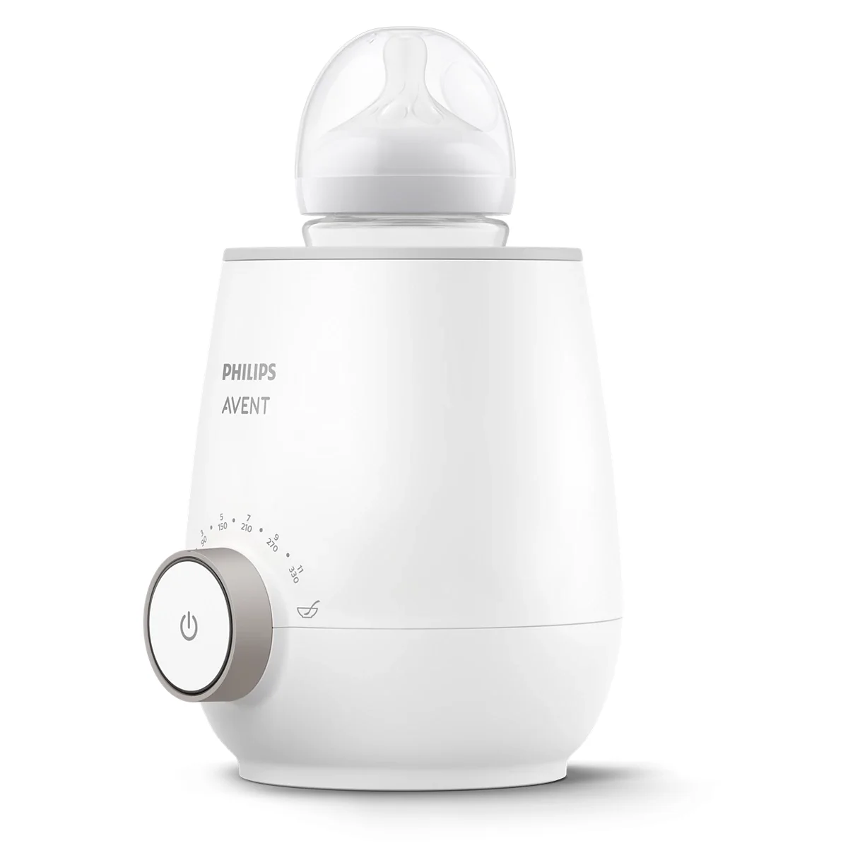 Philips Avent Premium Fast Bottle Warmer three-quarter angle view with bottle warming