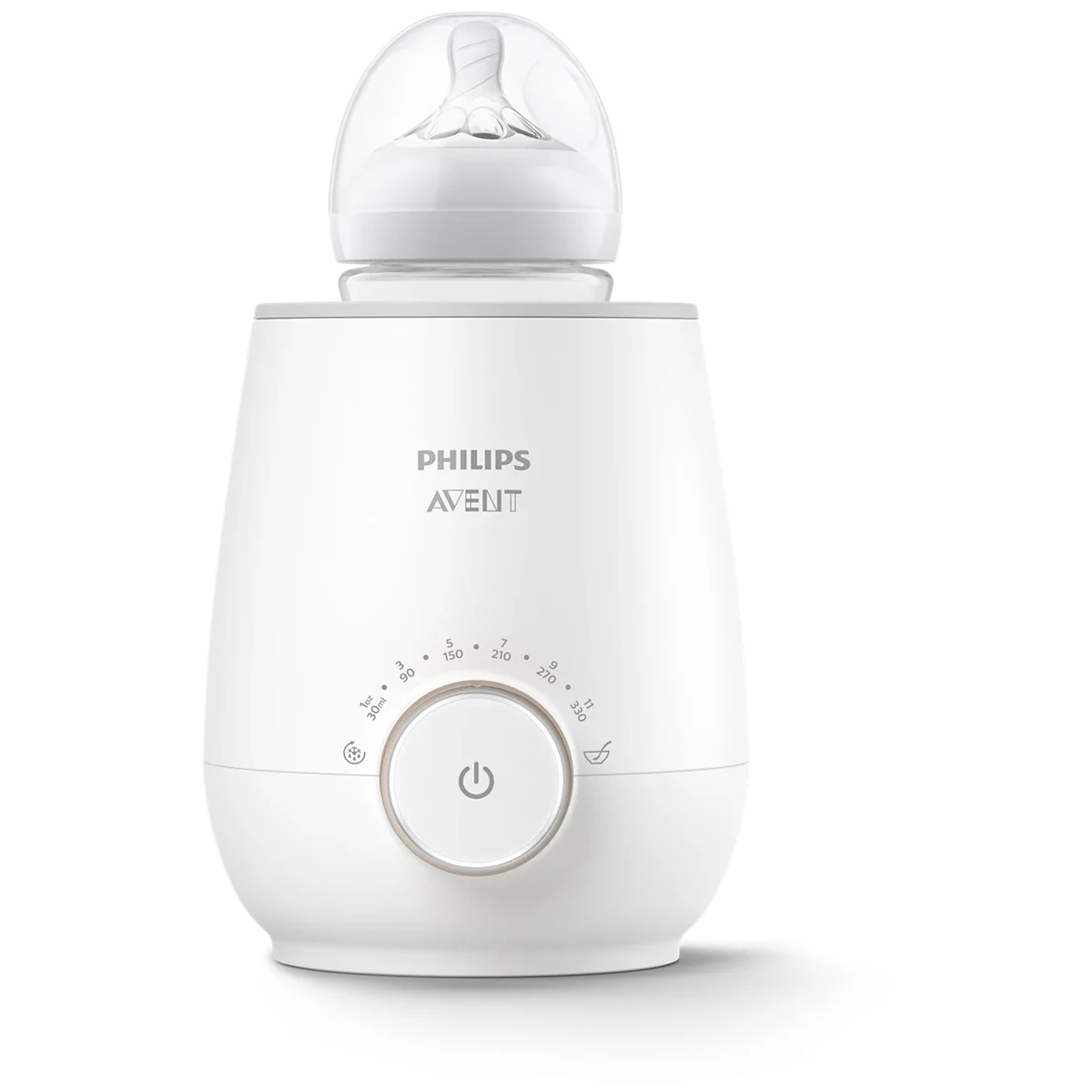 Philips Avent Premium Fast Bottle Warmer front view with bottle inserted