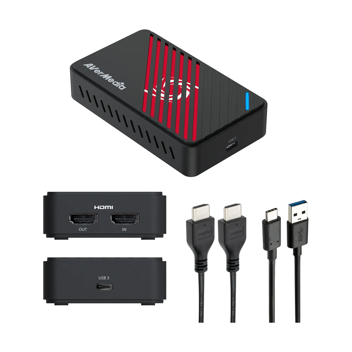 AVerMedia Live Gamer Ultra S (GC553Pro) with in-box contents: the capture card, close-ups of the HDMI OUT/IN and USB-C ports, and the included HDMI and USB-C to USB-A cables