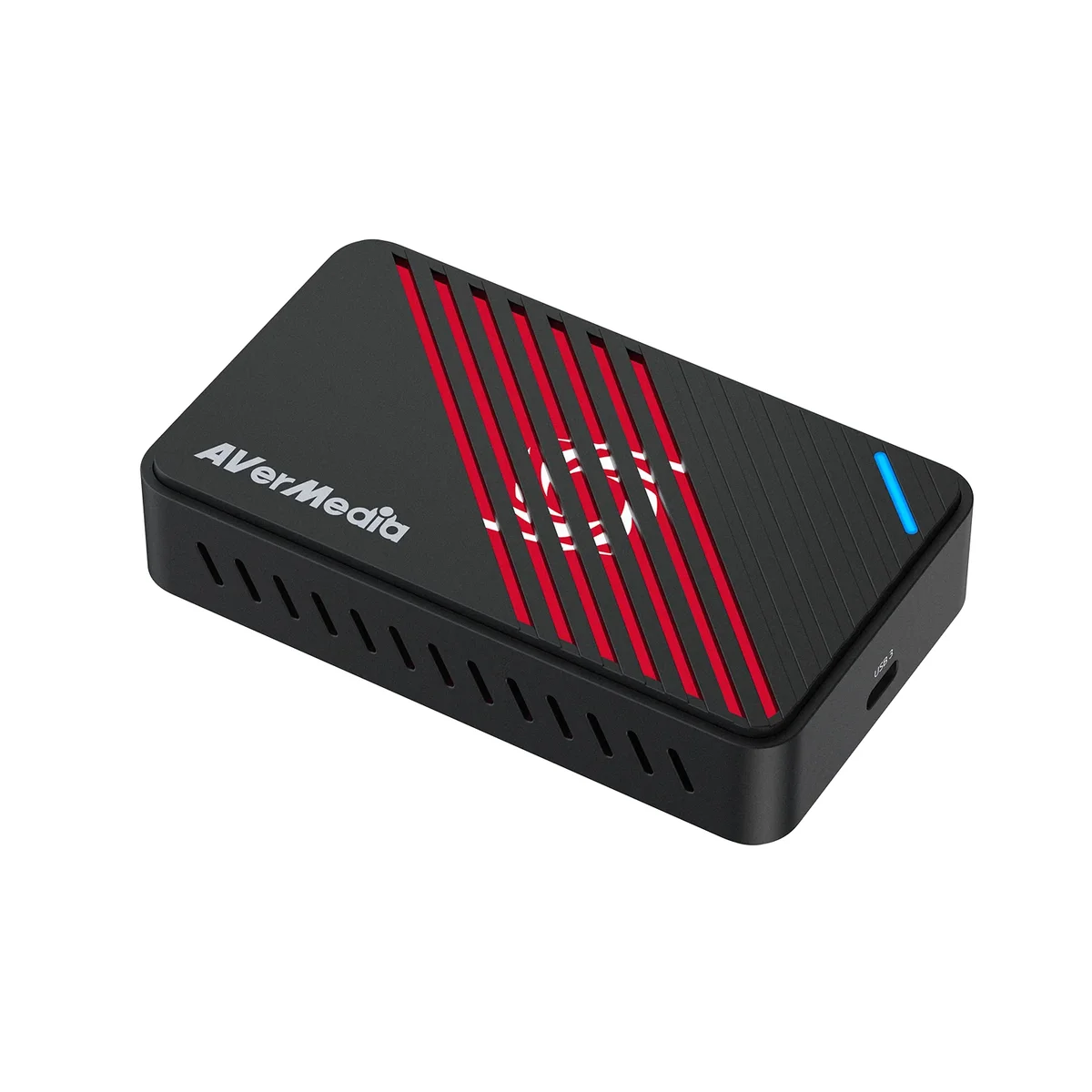 AVerMedia Live Gamer Ultra S (GC553Pro) capture card, top three-quarter view showing the black body with red diagonal stripe accent, blue status LED, and USB-C port