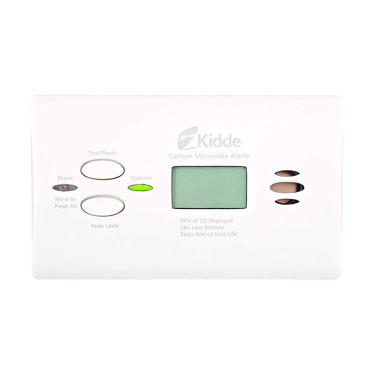 Kidde Nighthawk KN-COPP-B-LPM front view with digital display, Test/Reset and Peak Level buttons
