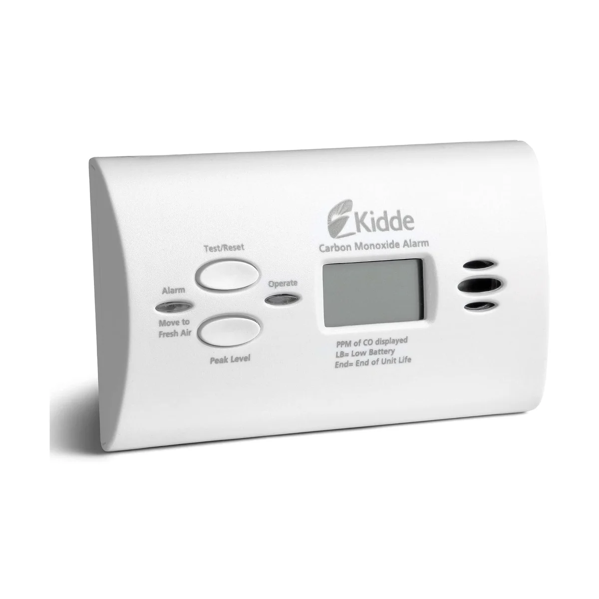 Kidde Nighthawk KN-COPP-B-LPM carbon monoxide alarm, 3/4 angle showing digital PPM display and control buttons