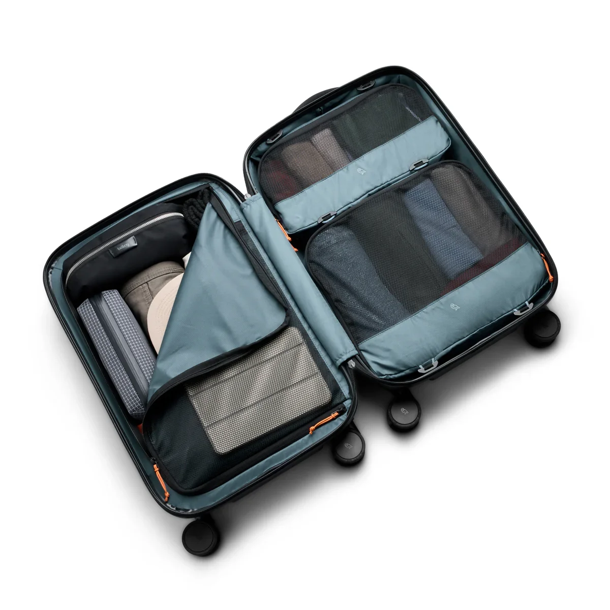 Bellroy Transit Carry-On open interior showing custom-fit packing cells and organization system