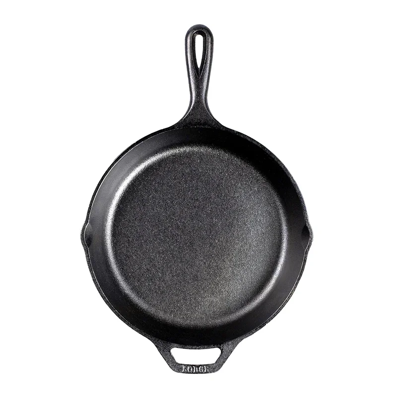 Lodge Classic 10.25-inch cast iron skillet viewed from directly overhead, showing the cooking surface, dual pour spouts, and handle with hanging hole