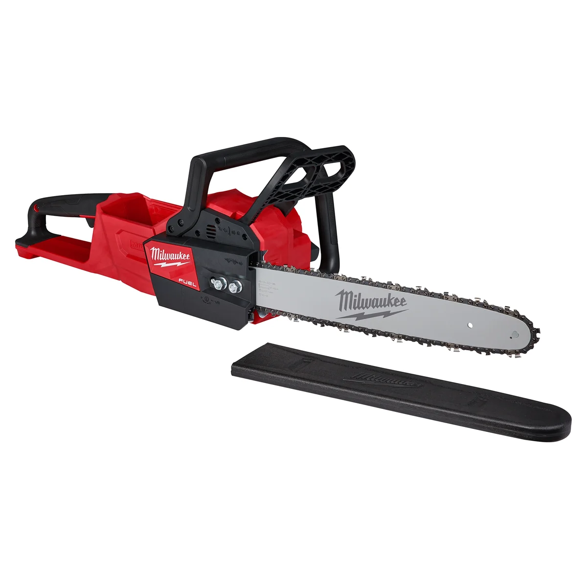Milwaukee M18 FUEL 16-inch chainsaw 3/4 view with bar guard on white background
