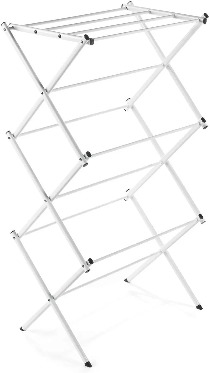 Polder Compact Accordion Clothes Drying Rack front view showing the expanded accordion tiers