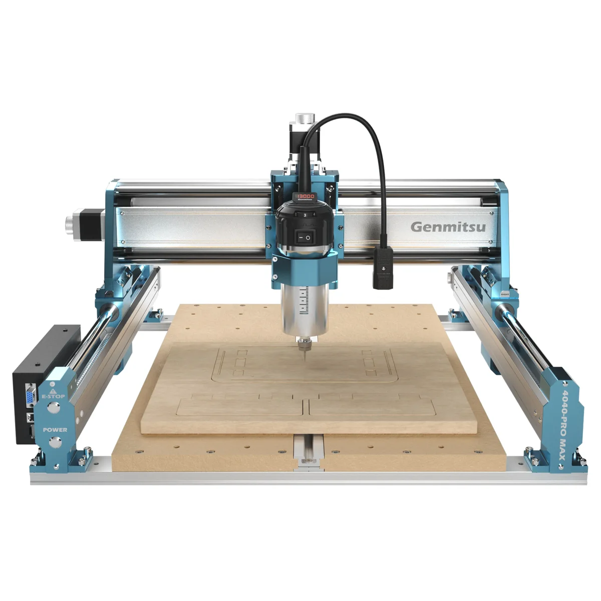 SainSmart Genmitsu 4040 Pro Max CNC router on a white background, front three-quarter view showing the 710W spindle, aluminum gantry, and MDF spoilboard