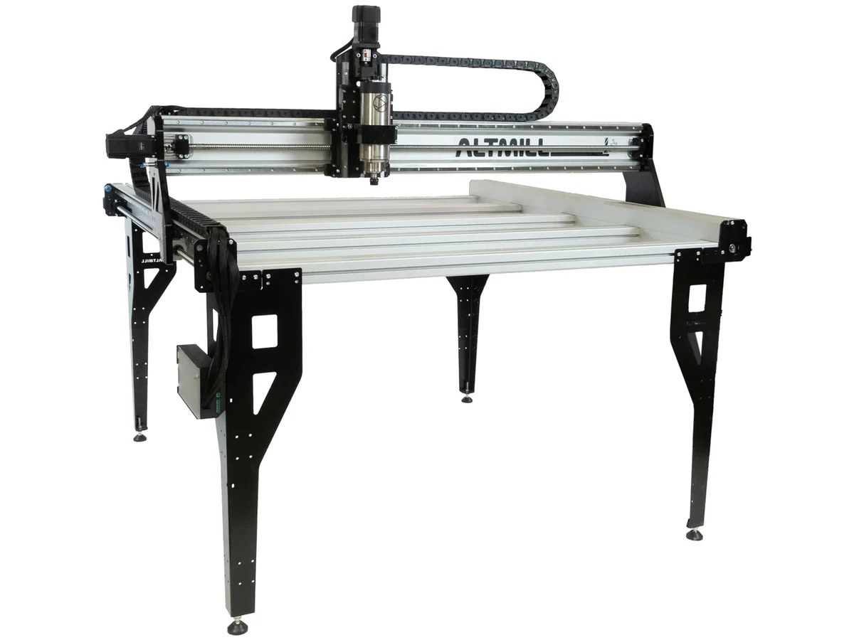 Sienci Labs AltMill CNC machine viewed from a three-quarter angle, showing the aluminum extrusion frame, linear rails, and cable management