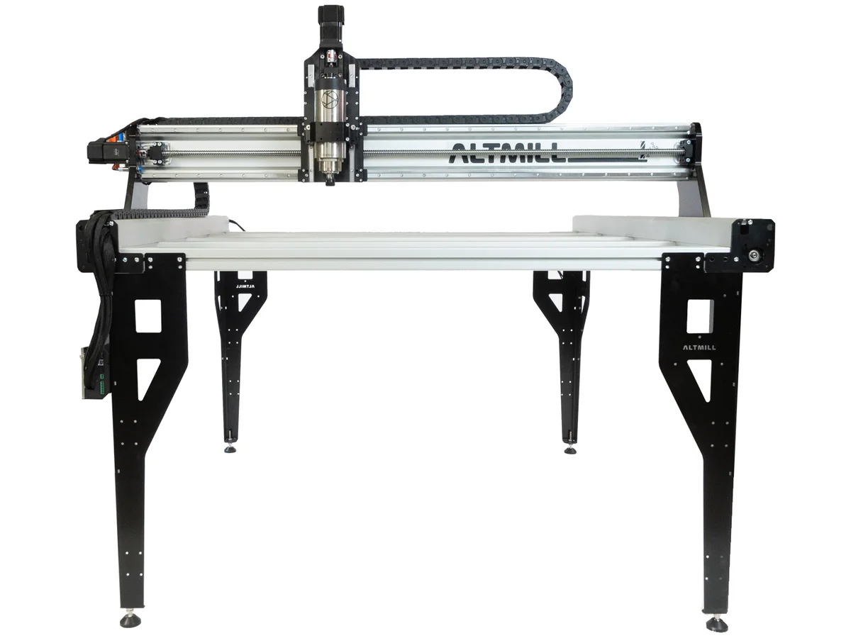 Sienci Labs AltMill CNC machine, front view on white background showing the gantry, spindle mount, and four-legged stand