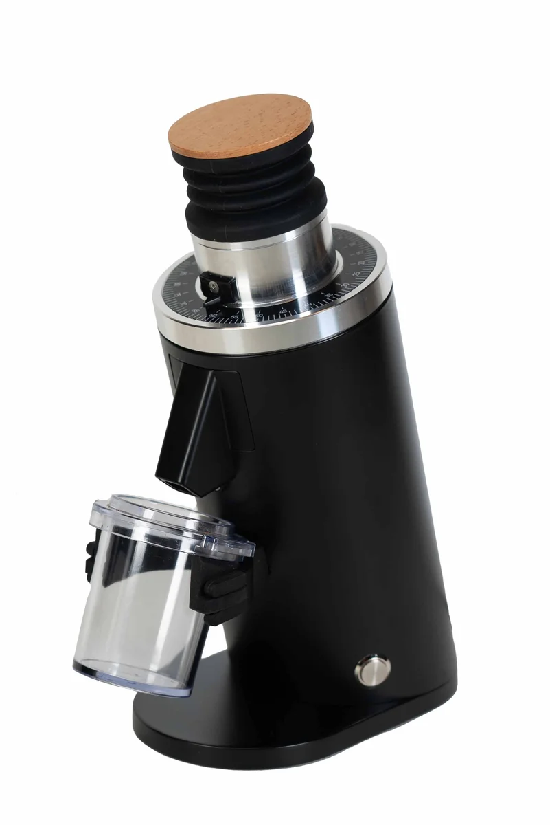 Turin DF54 grinder in matte black, side view showing the numbered grind adjustment dial and dosing cup