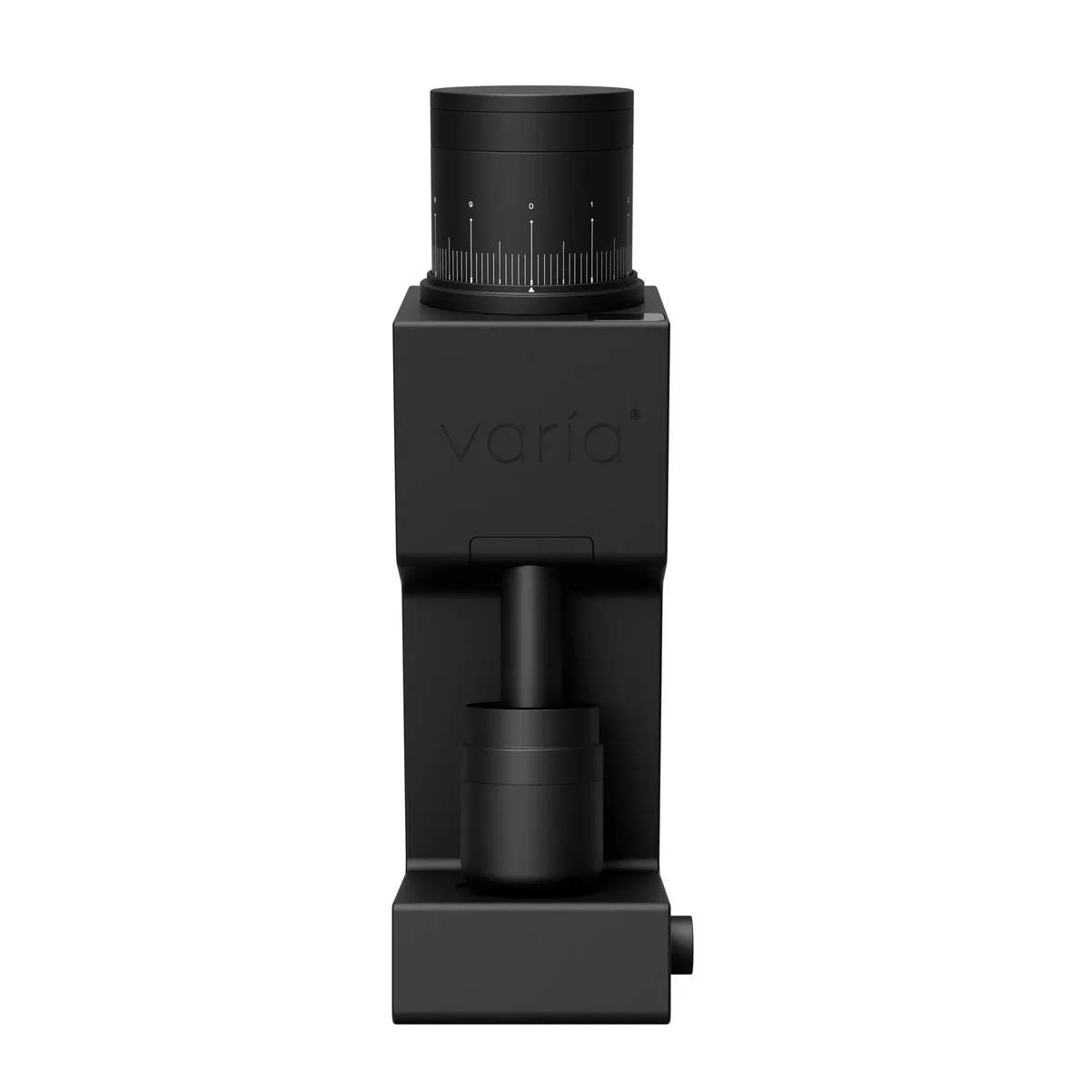 Varia VS6 coffee grinder in matte black with grind adjustment dial, front view on white background
