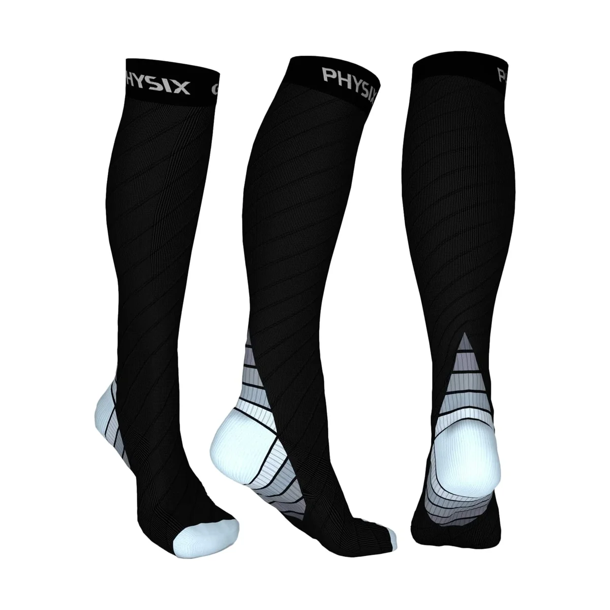 Physix Gear Sport compression socks in black and grey, highlighting the reinforced heel and arch compression zones