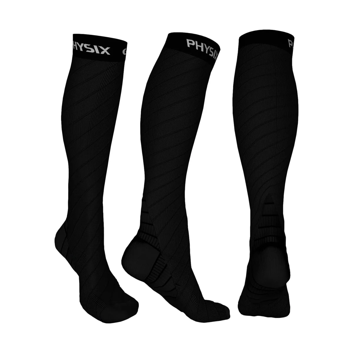 Physix Gear Sport compression socks in black, three angles showing calf, arch, and heel support