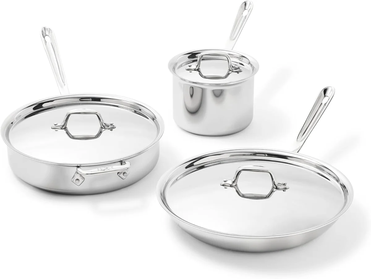 All-Clad D3 Stainless 10-Piece Set fry pan and stockpots at an alternate angle