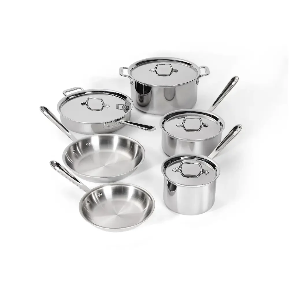 All-Clad D3 Stainless 10-Piece Set arranged on white, showing all pots, pans, and lids