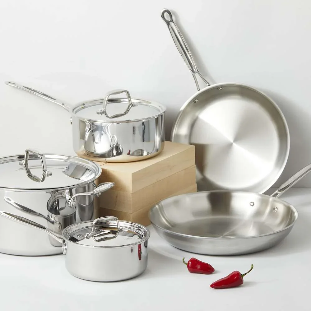 Goldilocks 8-Piece Cookware Set full collection of stainless pots and pans displayed together