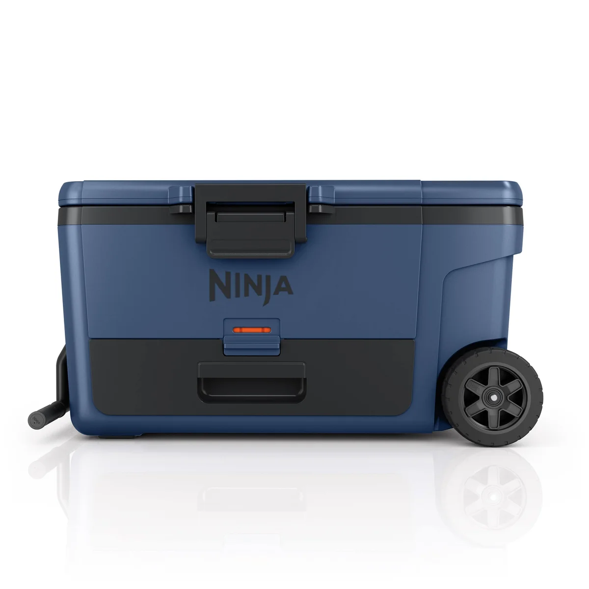 Ninja FrostVault 65Q Lakeshore Blue wheeled cooler front view showing Dry Zone drawer latch and large wheels