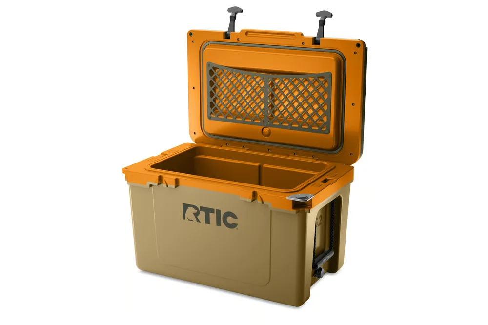 RTIC Ultra-Light 52Q open-lid view showing interior cargo net and 52-quart capacity