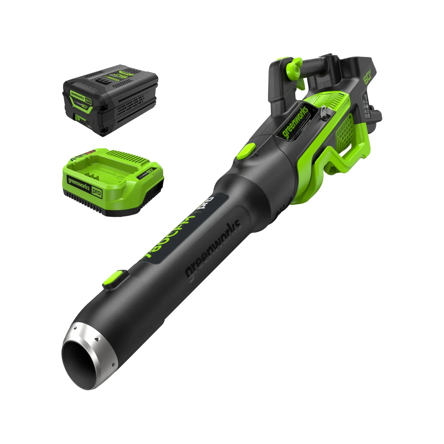 Greenworks Pro 60V 780 CFM Blower kit with 4Ah battery and rapid charger on white background