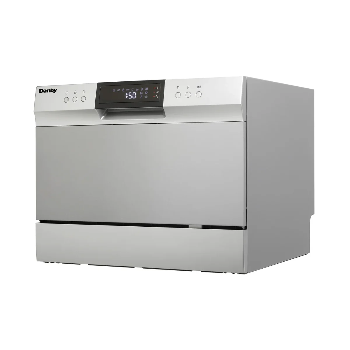 Danby DDW631SDB countertop dishwasher, 3/4 angle view showing the compact form factor and electronic controls