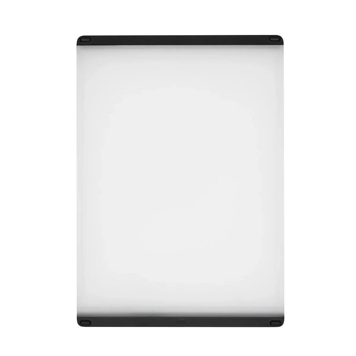 OXO Good Grips Utility Cutting Board viewed straight-on against a white background, highlighting the juice groove border and molded OXO logo