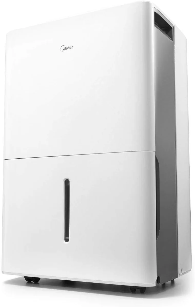 Midea 22-Pint Smart Dehumidifier front three-quarter view showing white body, gray side vent, and Midea logo