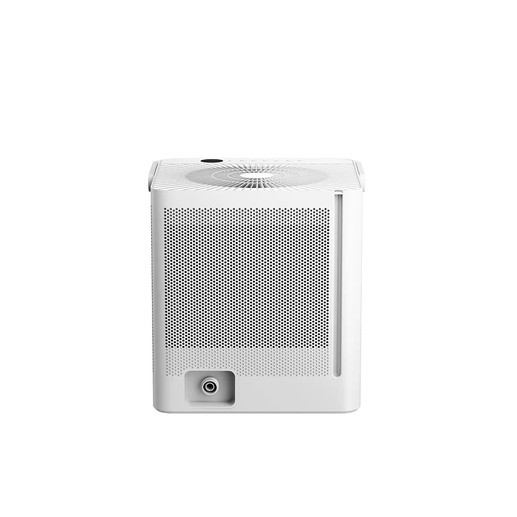 Midea Cube 50-Pint Smart Dehumidifier front view showing the full mesh intake grille and side drain port