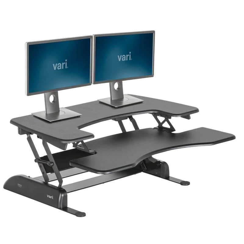 VariDesk Pro Plus 36 standing desk converter isolated on white background, showing full product with dual monitor setup