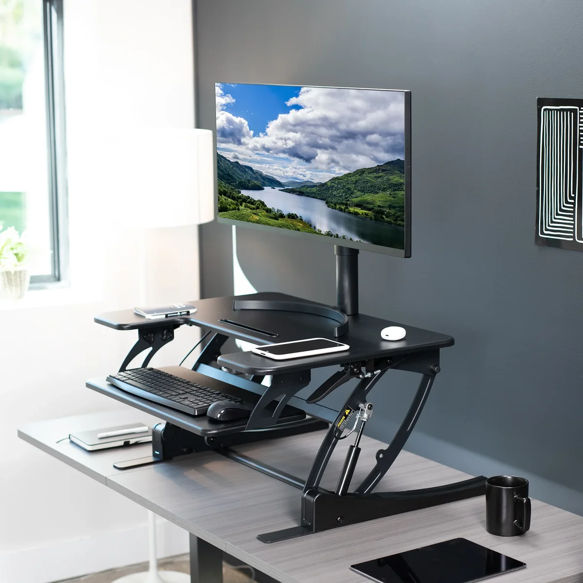 VIVO 32" Desk Converter lifestyle shot in standing position on a real office desk