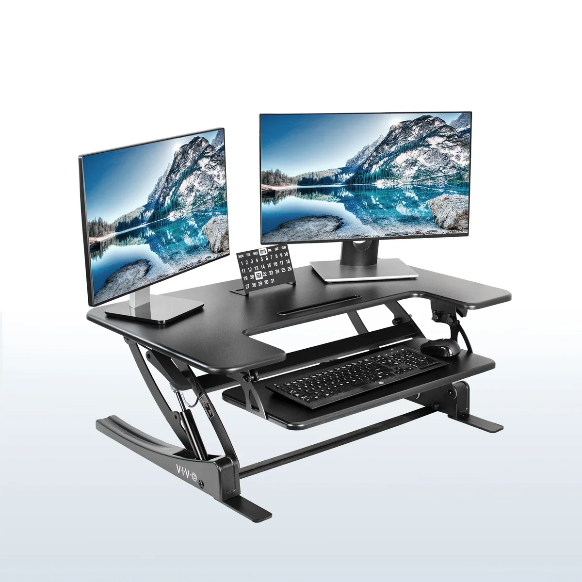 VIVO 32" Desk Converter in raised standing position with dual monitors, 3/4 angle view