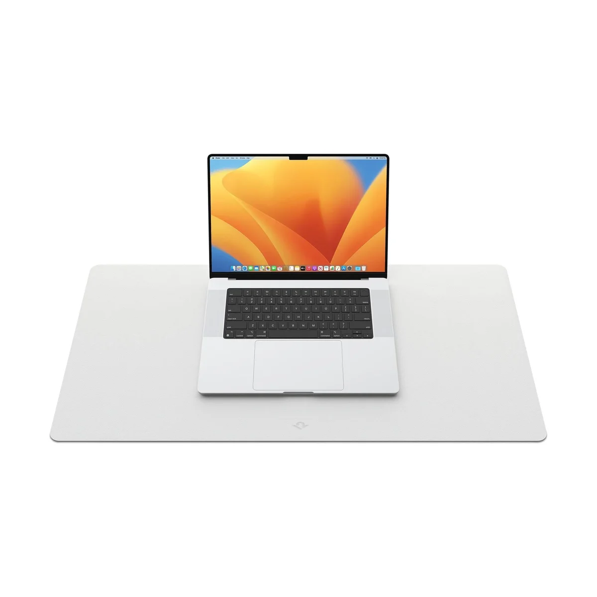 Twelve South DeskPad in grey with a MacBook Pro on top, three-quarter angle showing full pad