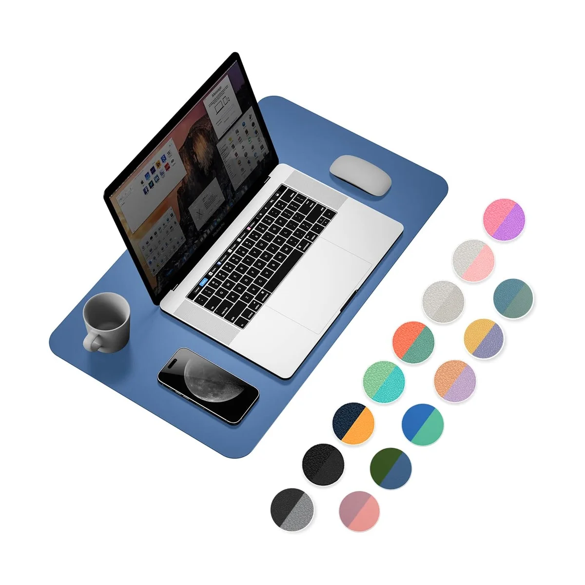 YSAGi desk pad in blue on a white background showing a full workspace setup and the reversible dual-color swatch options