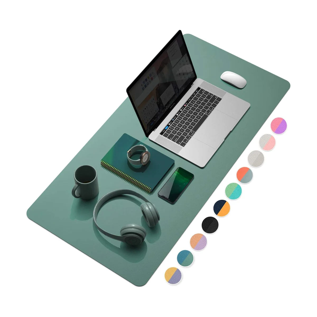 YSAGi desk pad in green shown from a top-down flat-lay angle with a laptop, notebook, mug and headphones