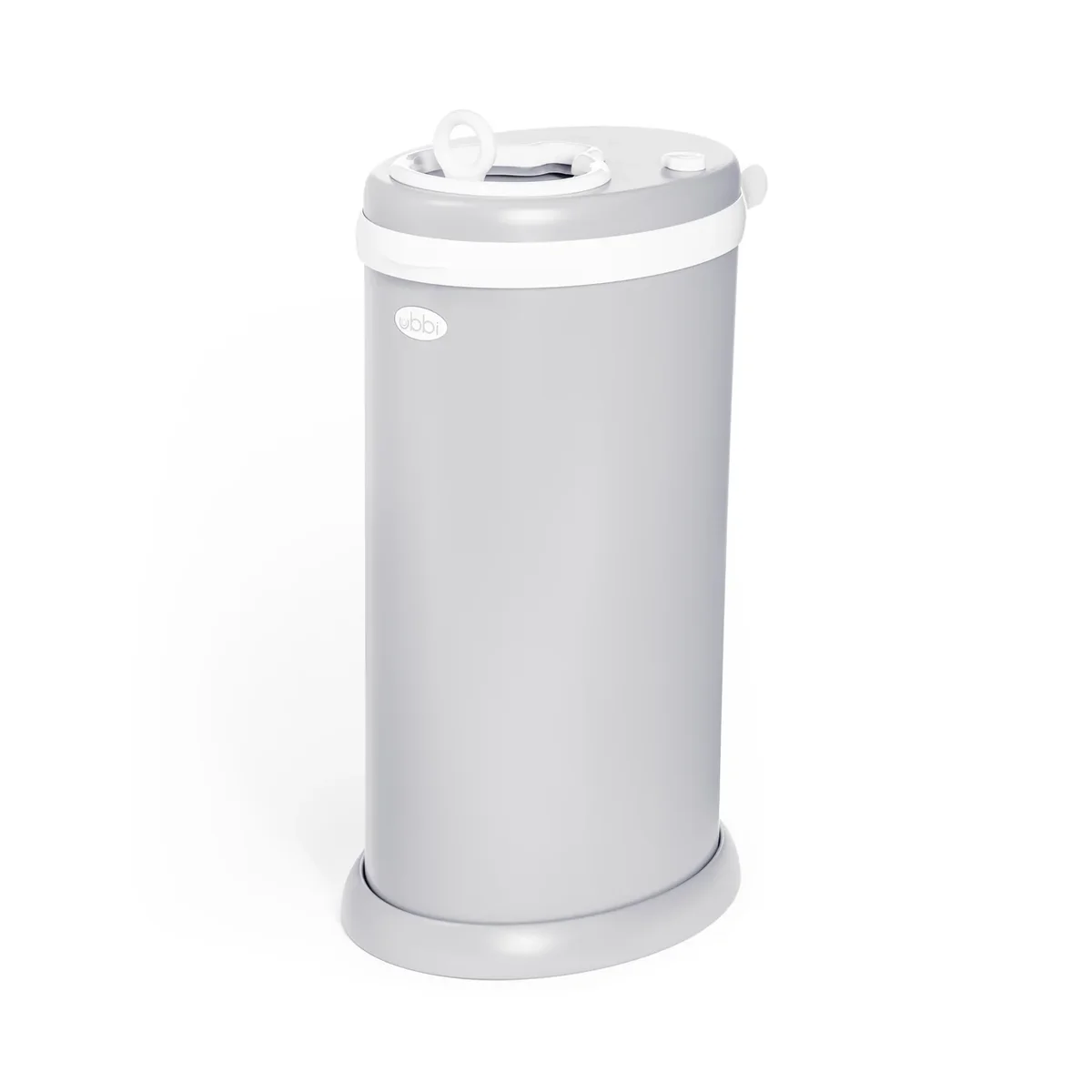 Ubbi Steel Diaper Pail in gray showing the sliding lid and child safety lock button