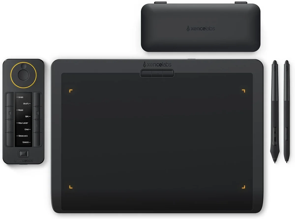 Xencelabs Pen Tablet Medium Bundle flat-lay showing tablet, Quick Keys remote, pen case, and both pens
