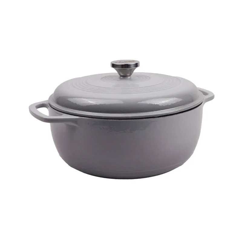 Lodge Essential Enamel Dutch Oven in gray, front 3/4 view showing side handles