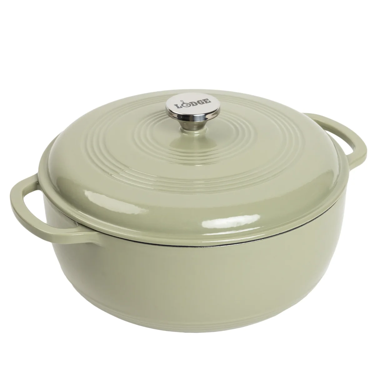 Lodge Essential Enamel Dutch Oven in desert sage, 3/4 view with lid on