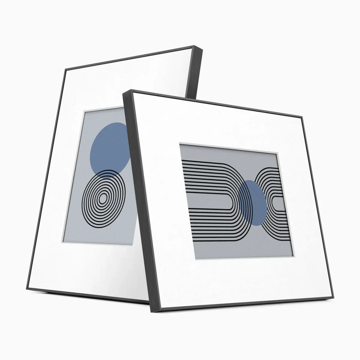 Two Aluratek ePaper frames in portrait and landscape orientation with white mattes displaying abstract art