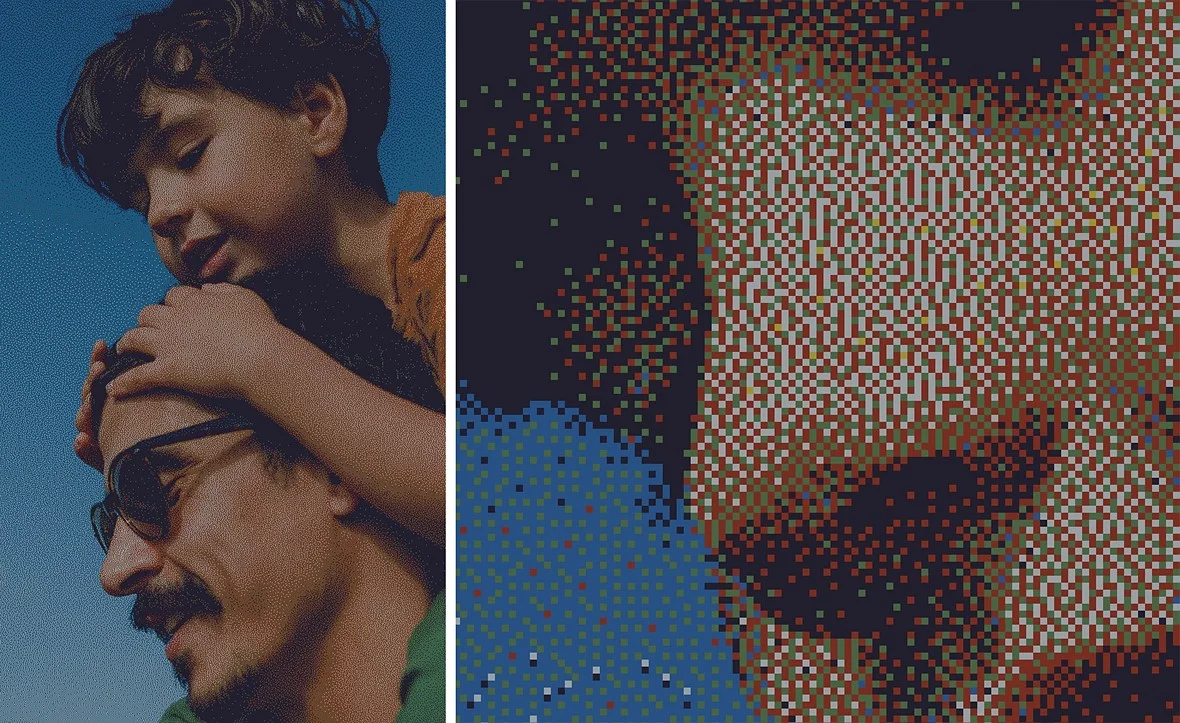Close-up of the Aura Ink e-ink pixel dithering pattern showing how six ink colors create full-tone images