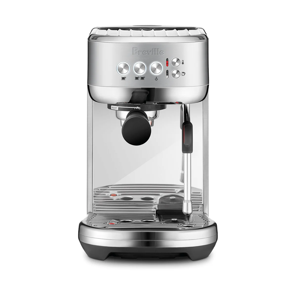 Breville Bambino Plus espresso machine in brushed stainless steel, front view