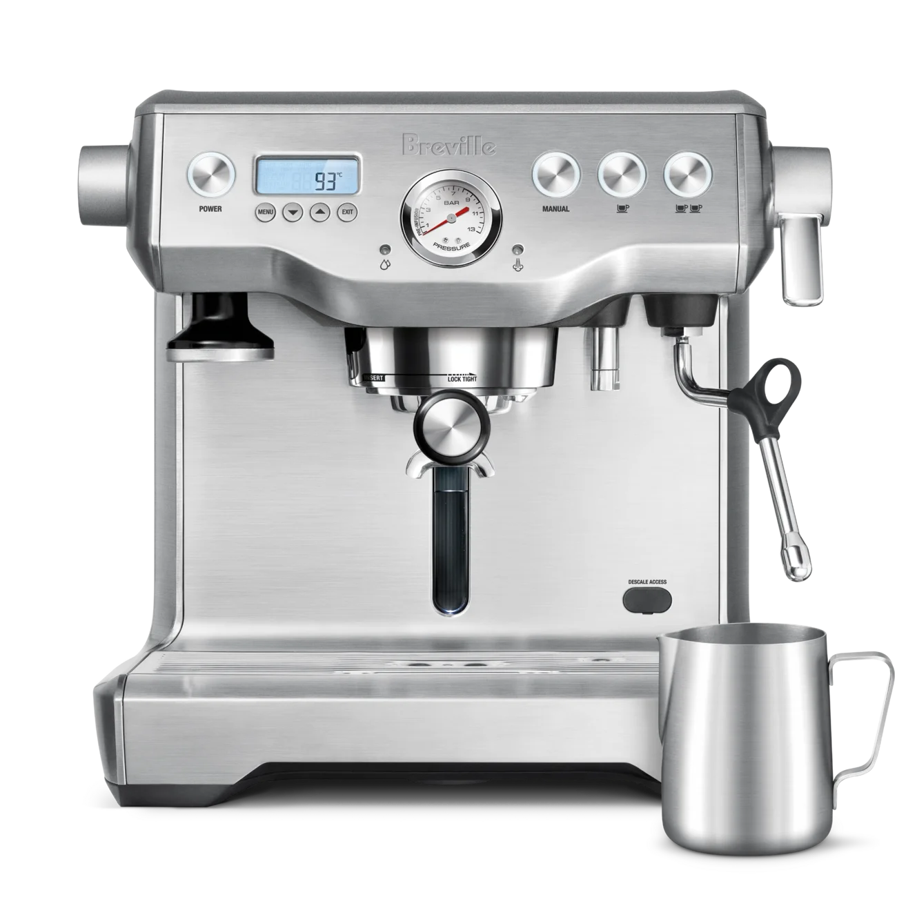 Breville Dual Boiler BES920XL front view with PID display, pressure gauge, and milk pitcher