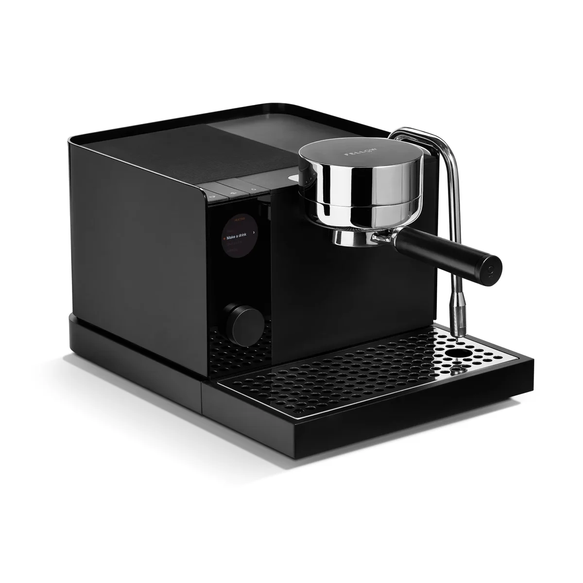 Fellow Espresso Series 1 espresso machine in Matte Black, three-quarter front view showing the round display, click-wheel, portafilter and steam wand