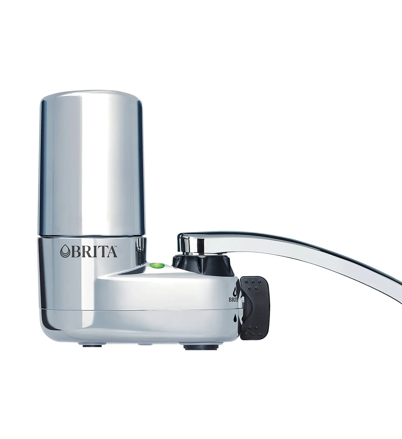 Brita Basic Faucet Mount Water Filter System chrome model, front view showing filter indicator light and flow selector