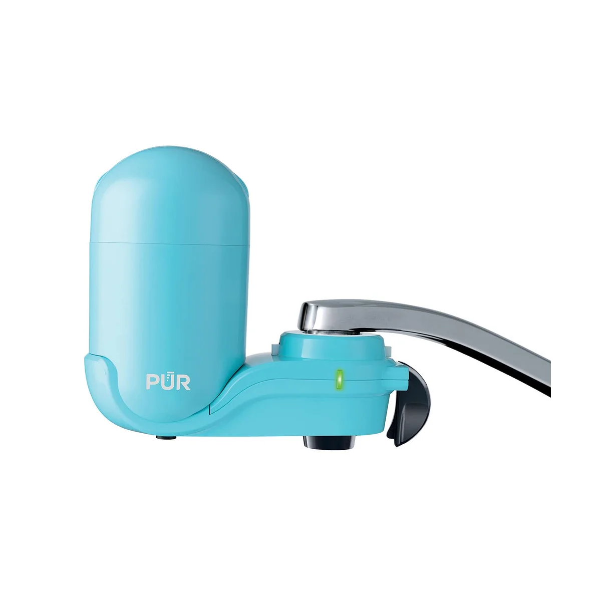 PUR Plus faucet filter attached to kitchen faucet, side angle view