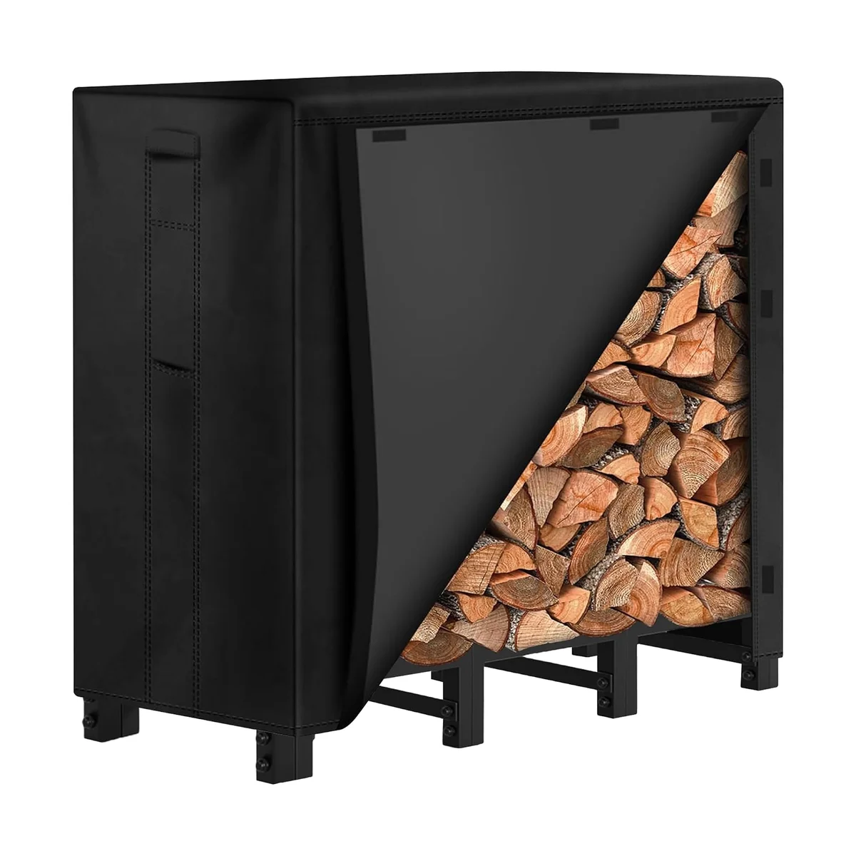 Amagabeli 8ft firewood rack from an alternate angle with the waterproof cover peeled back diagonally to reveal a full load of split logs