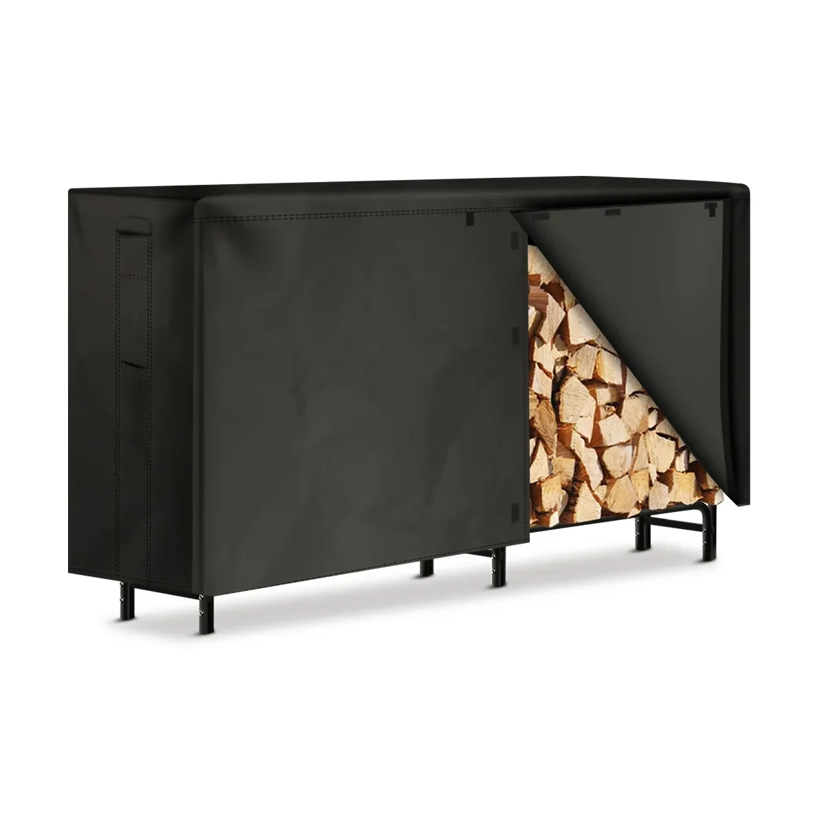 Amagabeli 8ft firewood log rack with black waterproof cover partially opened, showing split logs stacked inside on a white background