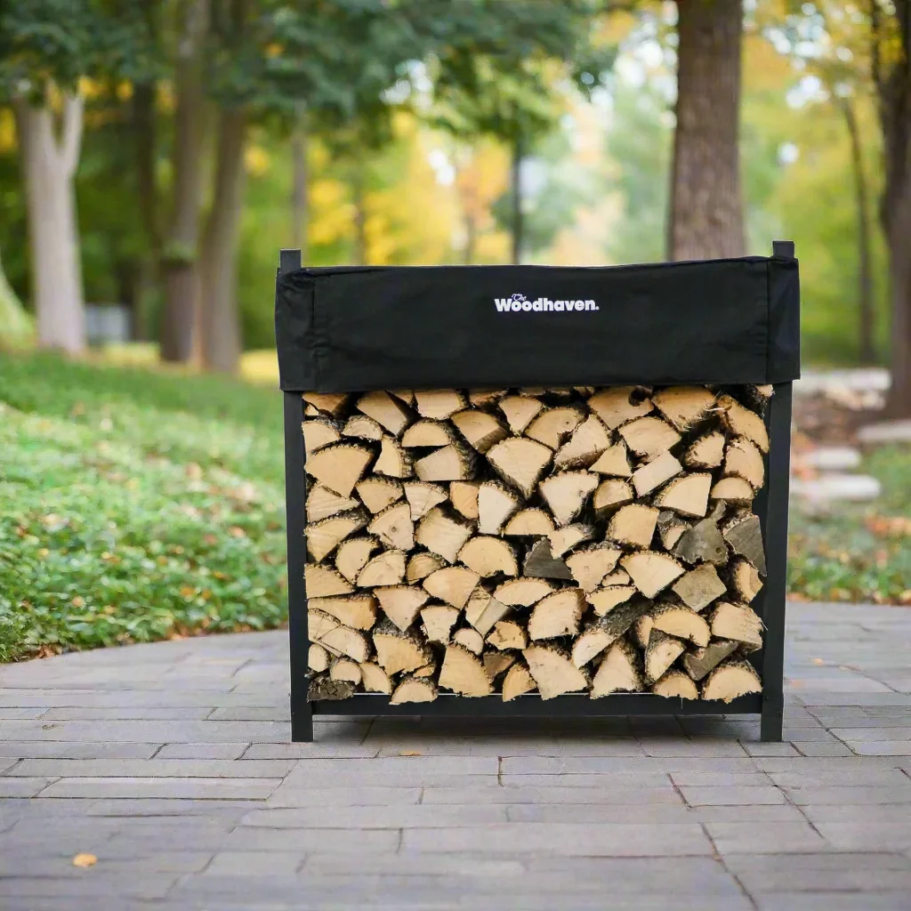 Woodhaven firewood rack with cover full of seasoned wood, set up outdoors on a paver patio
