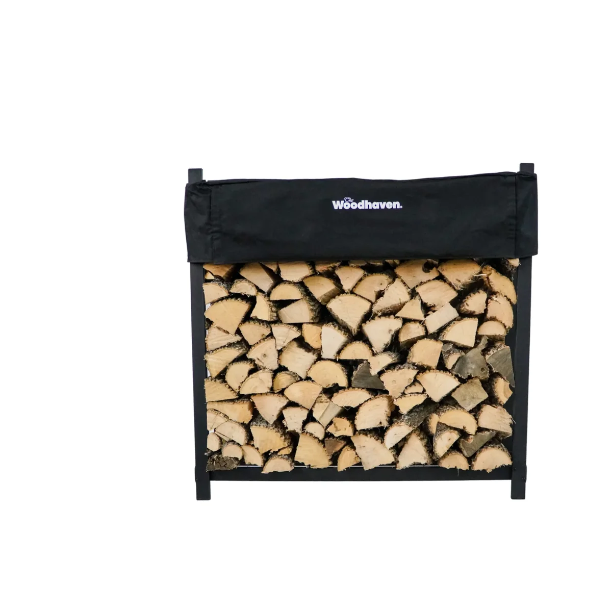 Woodhaven 4ft firewood rack loaded with split logs, black steel frame and black top seasoning cover with Woodhaven branding