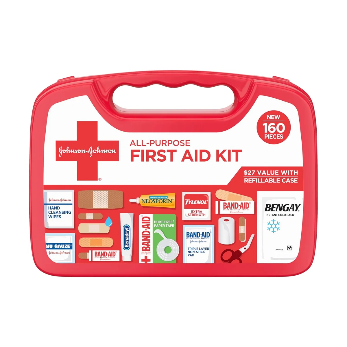 Johnson & Johnson All-Purpose First Aid Kit 160-piece red and white hard case, front view